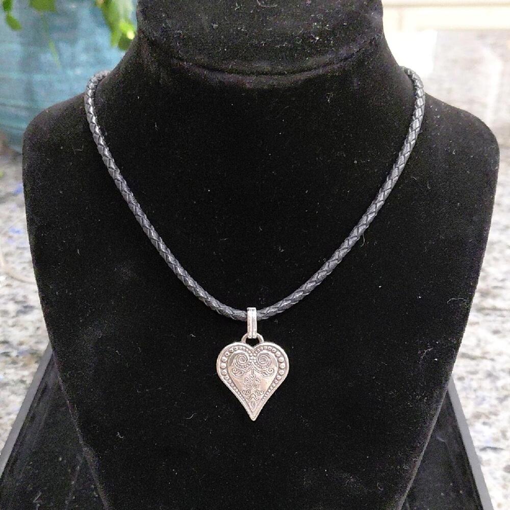 "Brighton" Ophelia Black Heart Pendant on Black Braided Leather Chain 16in chain